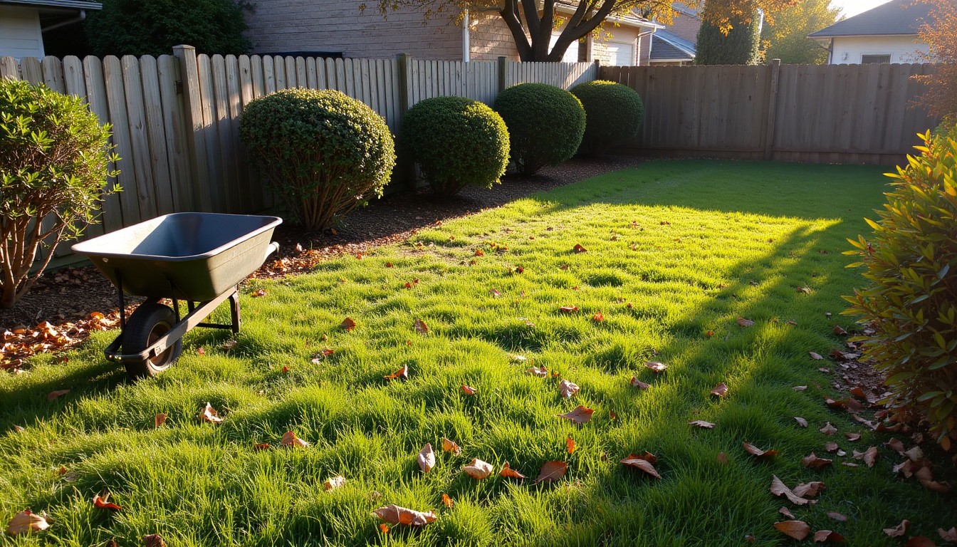 Yard cleanup with cleared leaves and debris removed